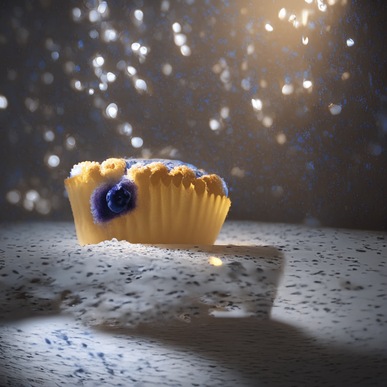 A blueberry muffin filling the frame, lit by an overhead lamp, every berry and bump in perfect razor-sharp focus, 4k