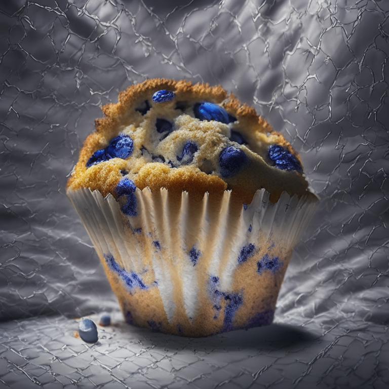 A blueberry muffin filling the frame, lit by softbox studio lighting from above, every nook and cranny in perfect razor-sharp focus, 8k