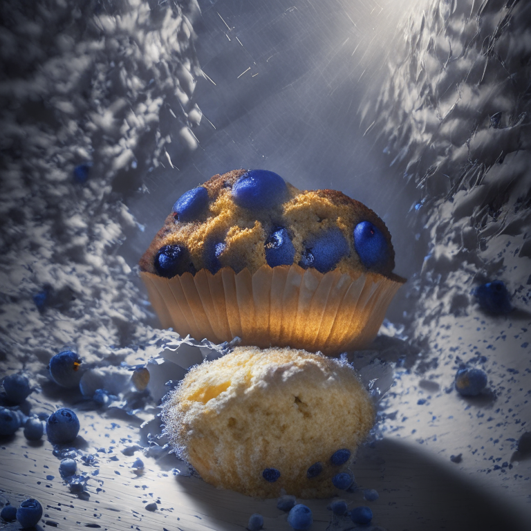 A blueberry muffin filling the frame, lit by softbox studio lighting from above, every nook and cranny in perfect razor-sharp focus, 8k