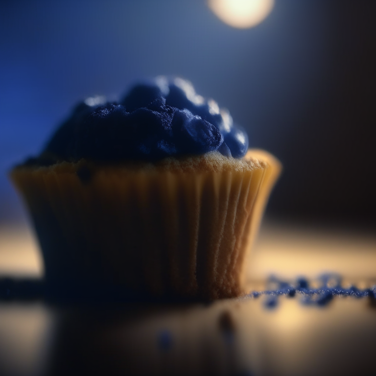 A blueberry muffin filling the frame, lit by normal indoor lighting, every crumb and crevice in perfect razor-sharp focus, 4k