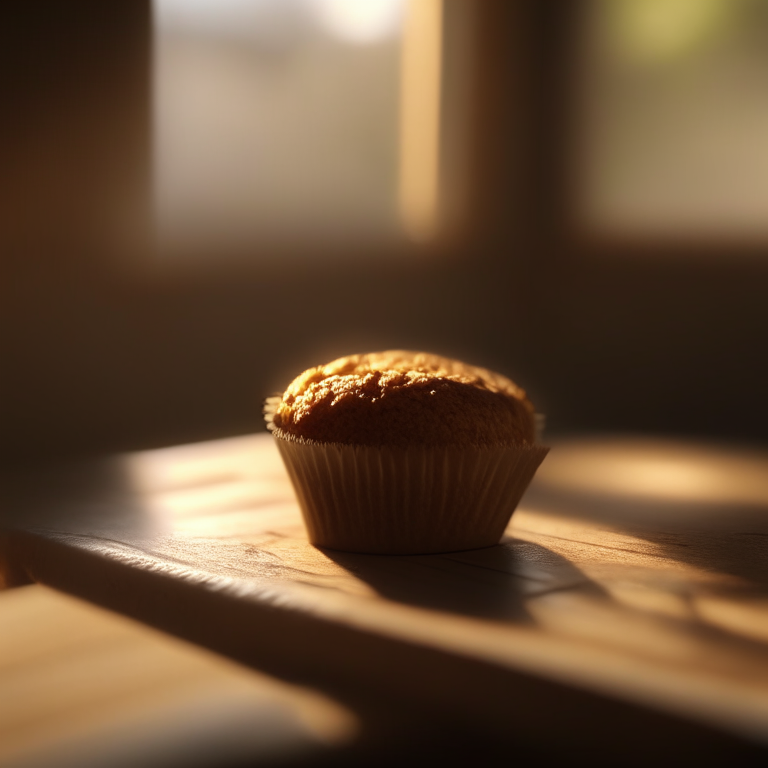 A banana nut muffin on a wooden cutting board, lit by natural light from a window, every nook and cranny in perfect razor-sharp focus, 4k