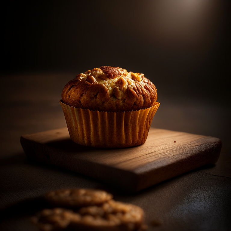 A banana nut muffin on a wooden cutting board, lit by softbox studio lighting from the side, every crumb and crevice in perfect razor-sharp focus, 8k