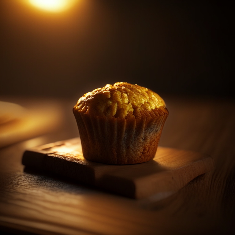 A banana nut muffin on a wooden cutting board, lit by bright, even lighting from all sides, every part of the muffin in perfect razor-sharp focus, 4k