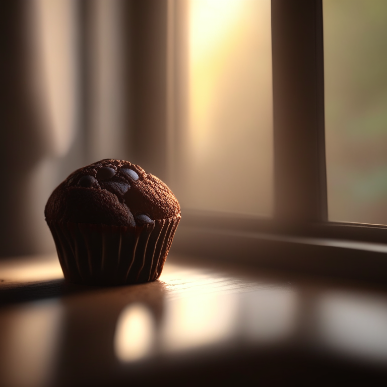 A gluten-free double chocolate chip muffin filling the frame, lit by natural light from an open window, every nook and cranny in perfect razor-sharp focus, 4k