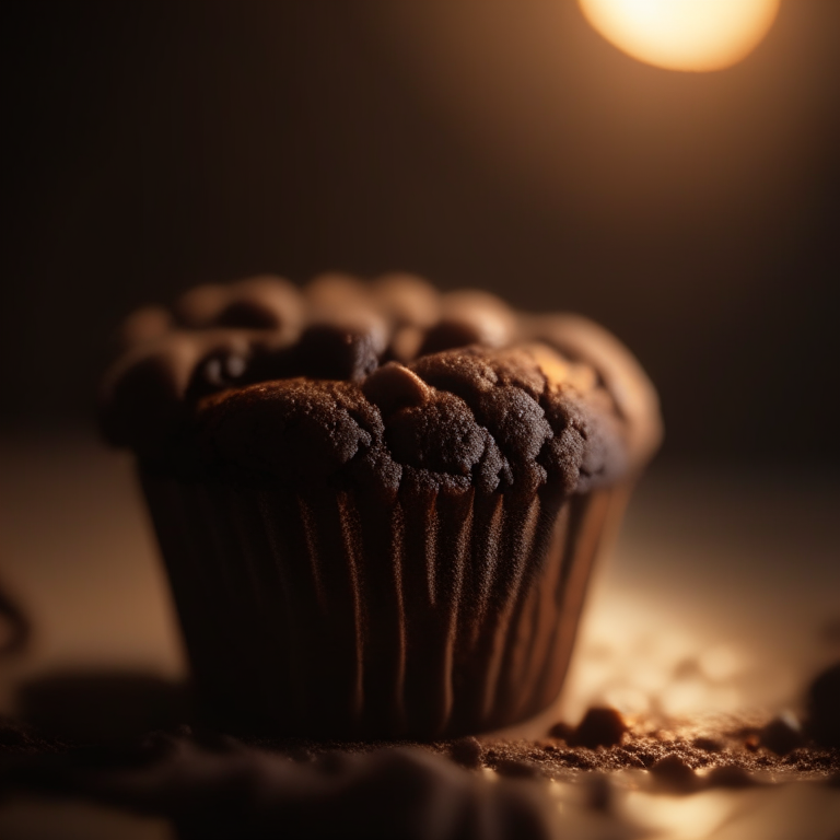 A gluten-free double chocolate chip muffin filling the frame, lit by bright, even lighting from all sides, every part of the muffin in perfect razor-sharp focus, 4k