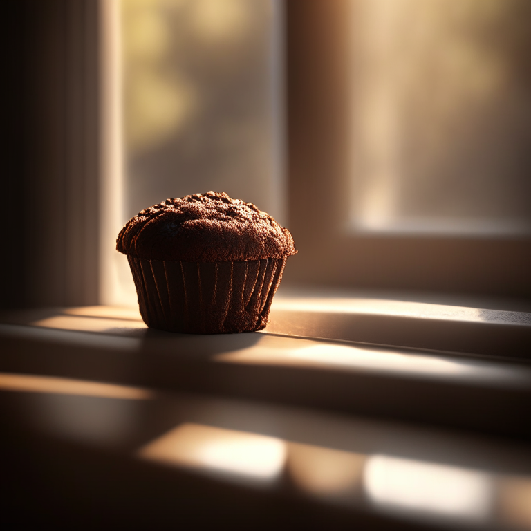 A gluten-free double chocolate chip muffin filling the frame, lit by abundant natural light from two large windows, every nook and cranny in perfect razor-sharp focus showcasing the muffin texture, 8k