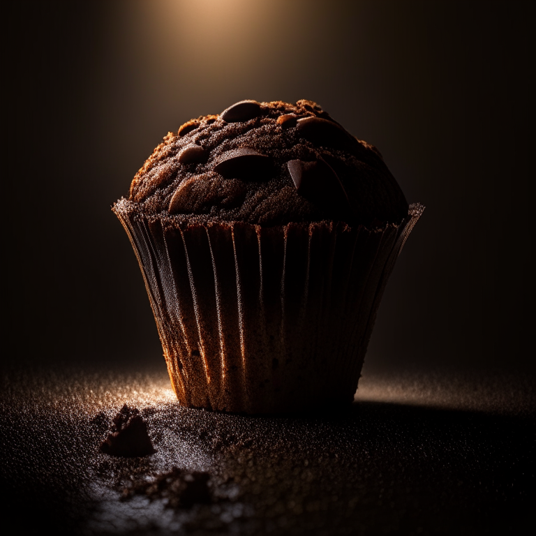 A gluten-free double chocolate chip muffin filling the frame, lit by two large softbox studio lights from the side, every crumb and crevice in perfect razor-sharp focus showcasing the muffin texture, 16k