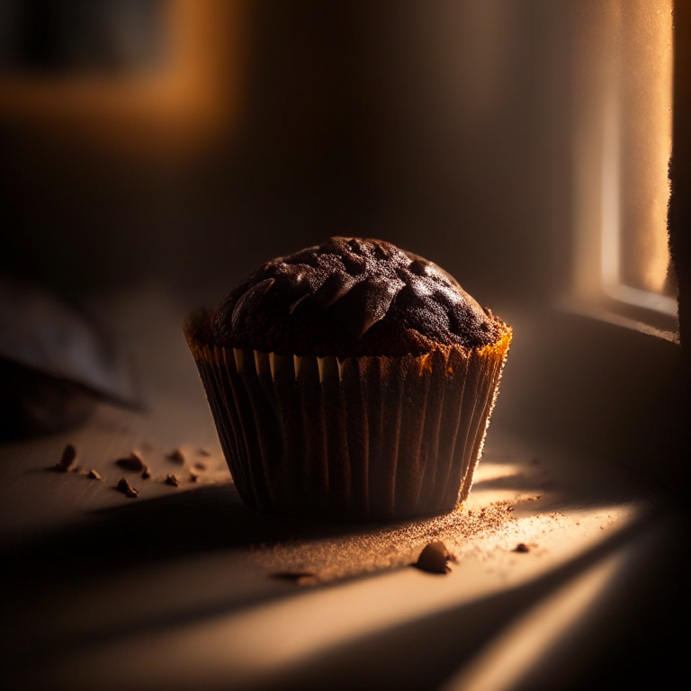 A gluten-free double chocolate chip muffin filling the frame, lit by an abundance of direct, blinding natural light from two large windows, every nook and cranny in perfect razor-sharp focus showcasing the muffin texture, 16k