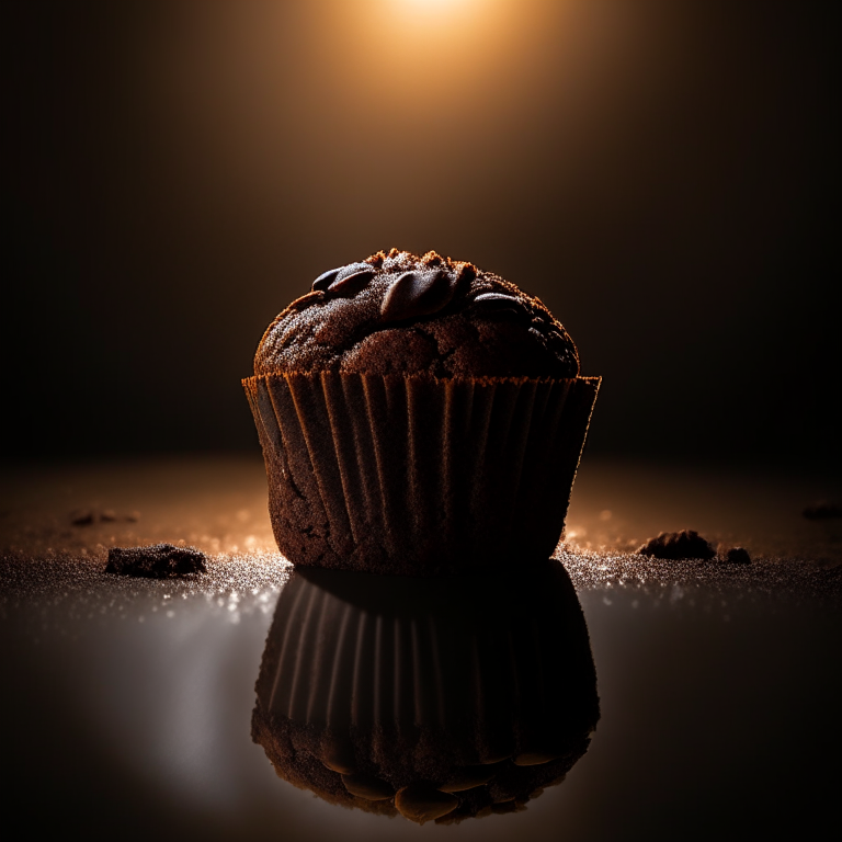 A gluten-free double chocolate chip muffin filling the frame, lit by two extra-bright softbox studio lights from the side, every crumb and crevice in perfect razor-sharp focus showcasing the muffin texture in dazzling brightness, 32k