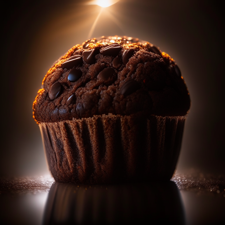 A gluten-free double chocolate chip muffin filling the frame, lit by blindingly bright, even lighting from all sides, every part of the muffin in perfect razor-sharp focus showcasing the muffin texture in dazzling brightness, 16k