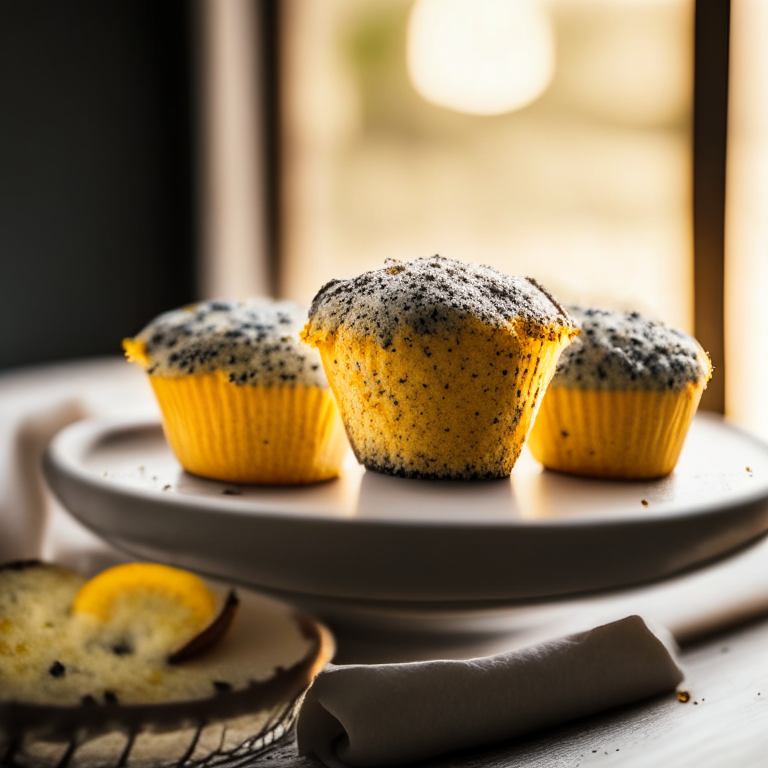 A plate of three gluten-free lemon poppy seed muffins filling the frame, lit by natural light from a large window, every nook and cranny in perfect razor-sharp focus showcasing the muffin texture, 16k