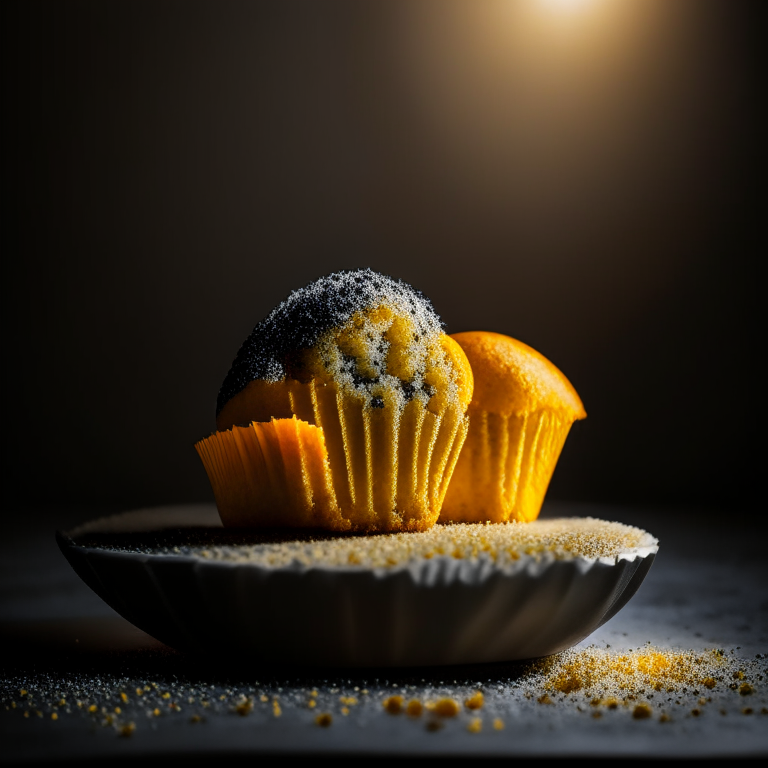 A plate of three gluten-free lemon poppy seed muffins filling the frame, lit by two large softbox studio lights from the side, every crumb and crevice in perfect razor-sharp focus showcasing the muffin texture, 16k