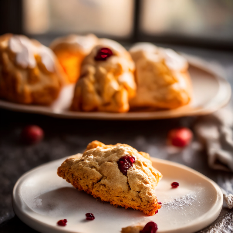 A plate of three gluten-free cranberry orange scones filling the frame, baked to perfection, lit by natural light from a large window, every nook and cranny in perfect razor-sharp focus showcasing the scone texture, 16k