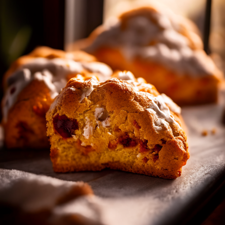 Three gluten-free cranberry orange scones filling the frame, baked to perfection, lit by natural light from a large window, every nook and cranny in perfect razor-sharp focus showcasing the scone texture, 16k