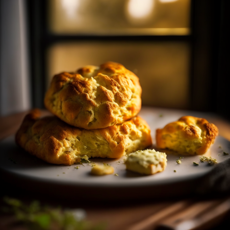 A plate of three cheddar and herb scones filling the frame, baked to perfection, lit by natural light from a large window, every nook and cranny in perfect razor-sharp focus showcasing the scone texture, 16k