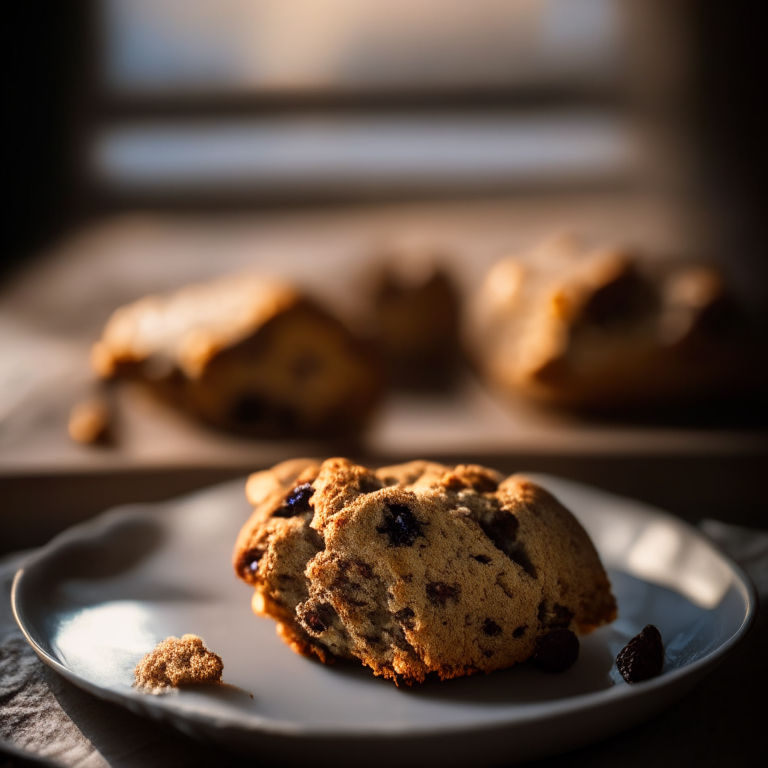 A plate of three gluten-free cinnamon raisin scones filling the frame, baked to perfection, lit by natural light from a large window, every nook and cranny in perfect razor-sharp focus showcasing the scone texture, 16k