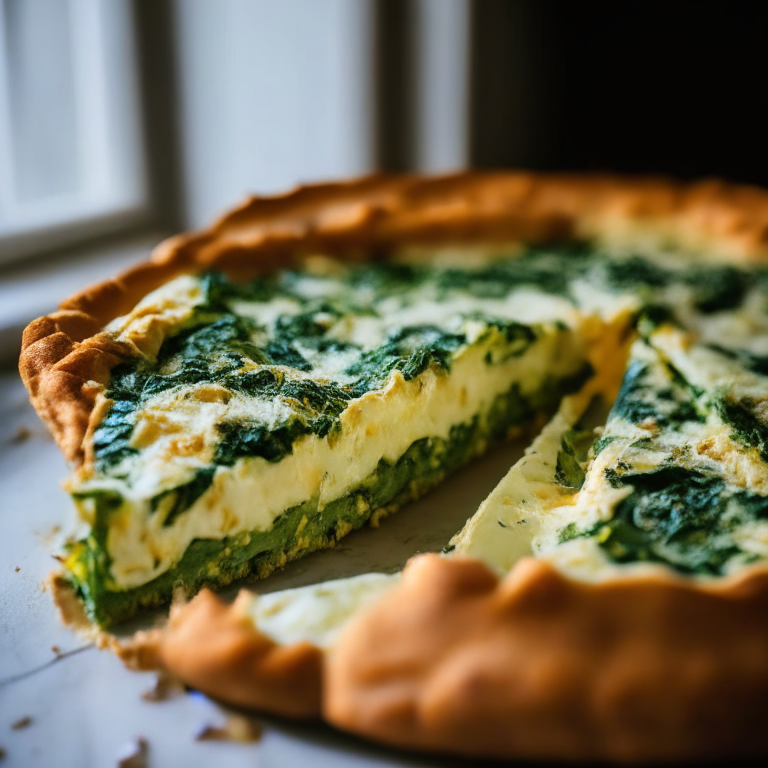 A gluten-free spinach and feta quiche filling the frame, baked to perfection and lit by natural light from a large window, every part of the crust, spinach and cheese in perfect razor-sharp focus showcasing the flaky crust and melted cheese, 16k