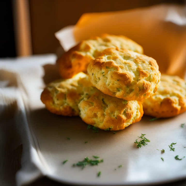 A plate of cheesy herb biscuits filling the frame, baked to perfection and lit by natural light from a large window, every part of the biscuits in perfect razor-sharp focus showcasing the flaky texture and melted cheese