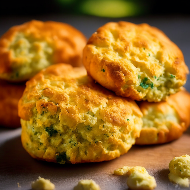 A plate of cheesy herb biscuits filling the frame, baked to perfection and lit by bright, even lighting, every part of the biscuits in perfect razor-sharp focus showcasing the flaky texture and melted cheese