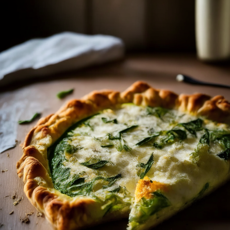 A zucchini and parmesan galette filling the frame, baked to perfection and lit by natural light from a large window, every part of the galette in perfect razor-sharp focus showcasing the flaky crust and melted cheese