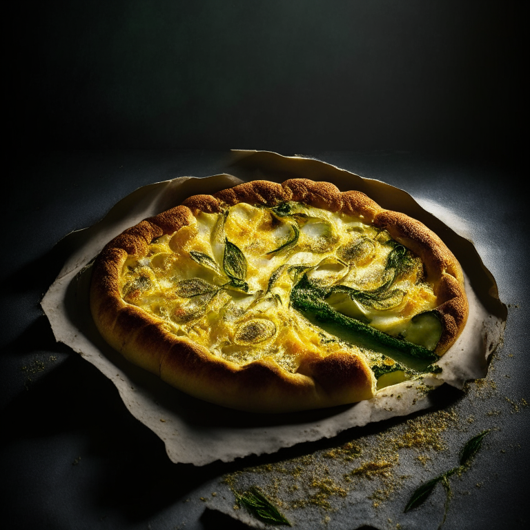 A zucchini and parmesan galette filling the frame, baked to perfection and lit by softbox studio lighting from the side, every part of the galette in perfect razor-sharp focus showcasing the flaky crust and melted cheese