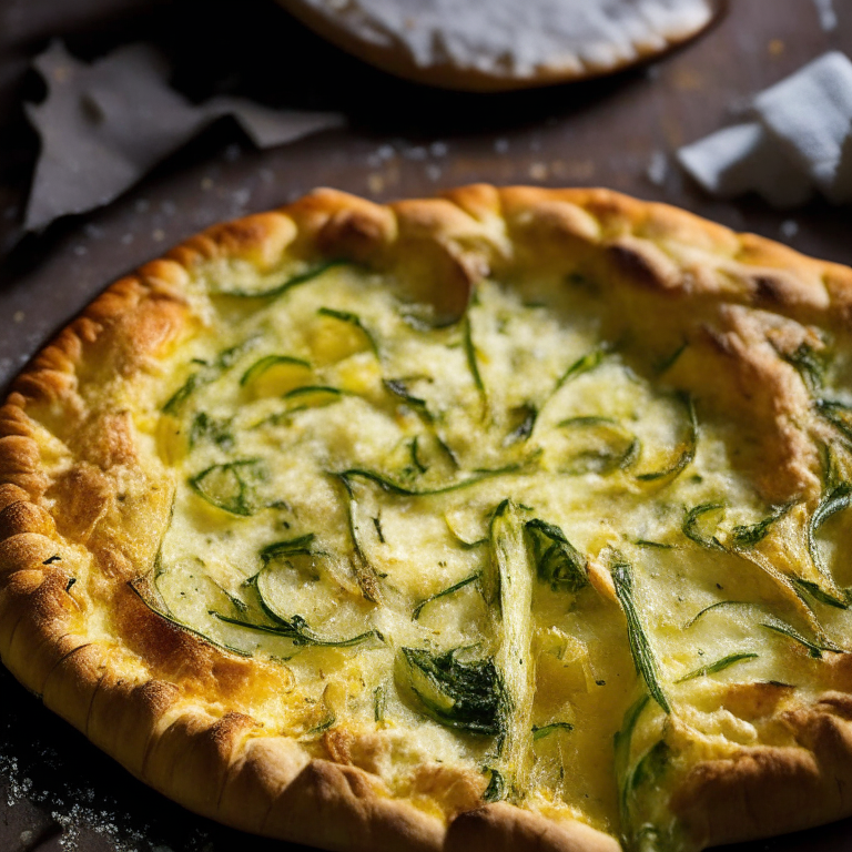 A zucchini and parmesan galette filling the frame, baked to perfection and lit by bright, even lighting, every part of the galette in perfect razor-sharp focus showcasing the flaky crust and melted cheese