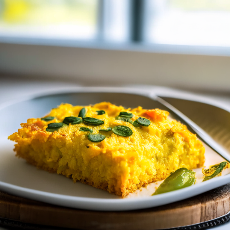 A gluten-free cornbread casserole filling the frame, lit by natural light from a large window, every part of the casserole in perfect razor-sharp focus showcasing the corn, cheese and jalapenos