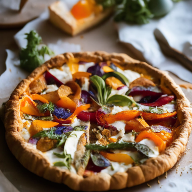 A gluten-free roasted vegetable and goat cheese tart filling the frame, lit by natural light from a large window, every part of the tart in perfect razor-sharp focus showcasing the roasted vegetables and goat cheese