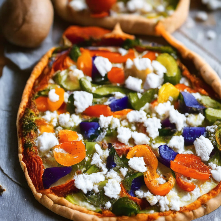 A gluten-free roasted vegetable and goat cheese tart filling the frame, lit by bright, even lighting, every part of the tart in perfect razor-sharp focus showcasing the roasted vegetables and goat cheese