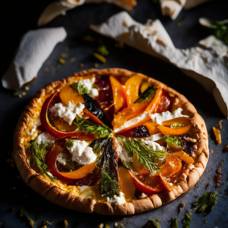 A gluten-free roasted vegetable and goat cheese tart filling the frame, lit by softbox studio lighting from the side, every part of the tart in perfect razor-sharp focus showcasing the roasted vegetables and goat cheese