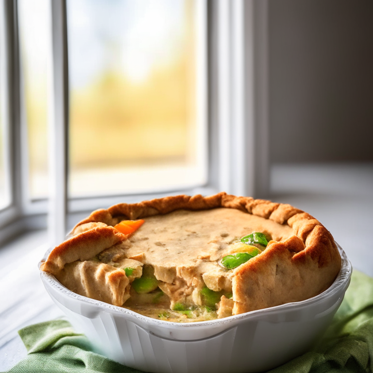 A gluten-free chicken pot pie filling the frame, lit by natural light from a large window, every part of the pie in perfect razor-sharp focus showcasing the flaky gluten-free crust and savory chicken and vegetable filling