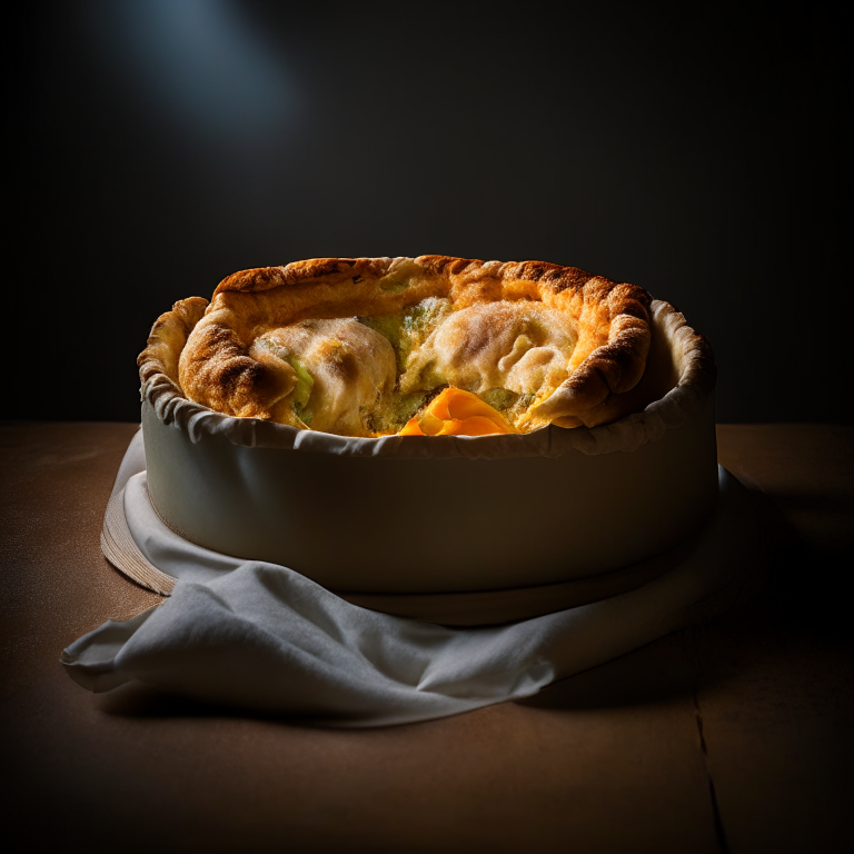 A gluten-free chicken pot pie filling the frame, lit by softbox studio lighting from the side, every part of the pie in perfect razor-sharp focus showcasing the flaky gluten-free crust and savory chicken and vegetable filling