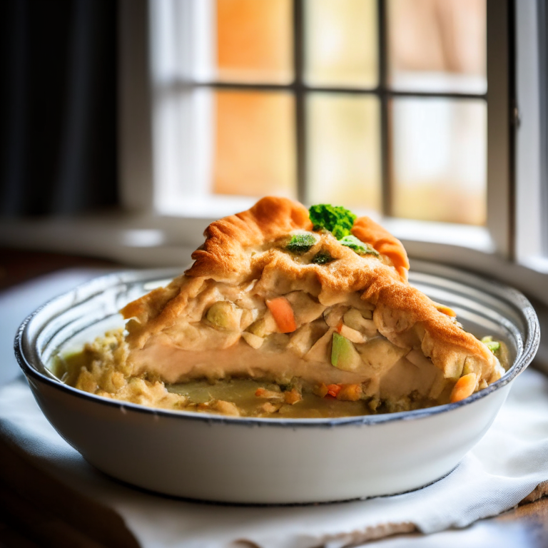 A gluten-free chicken pot pie filling the frame, lit by natural light from a large window, every part of the pie in perfect razor-sharp focus showcasing the flaky gluten-free crust and savory chicken and vegetable filling