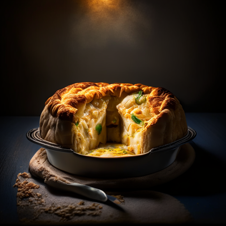 A gluten-free chicken pot pie filling the frame, lit by softbox studio lighting from the side, every part of the pie in perfect razor-sharp focus showcasing the flaky gluten-free crust and savory chicken and vegetable filling