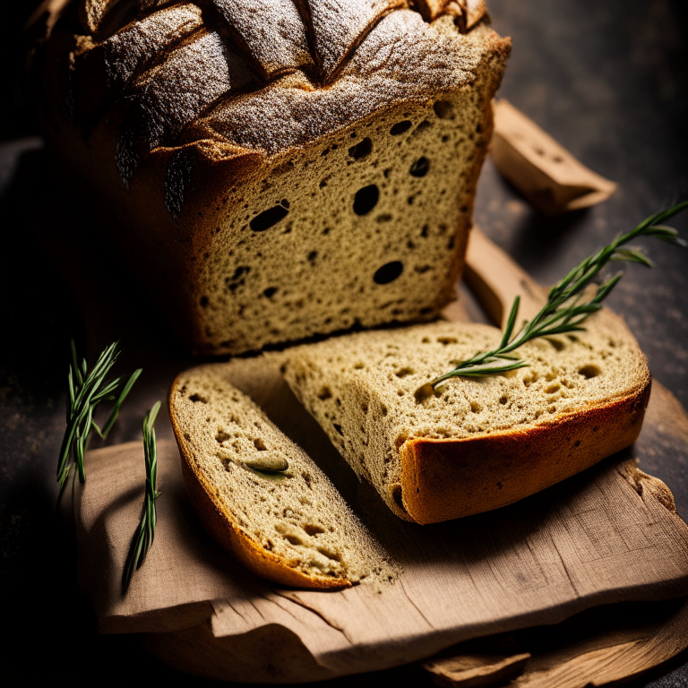 Gluten-free rosemary olive bread, filling frame, razor-sharp focus, bright studio lighting, well-lit, focused on food