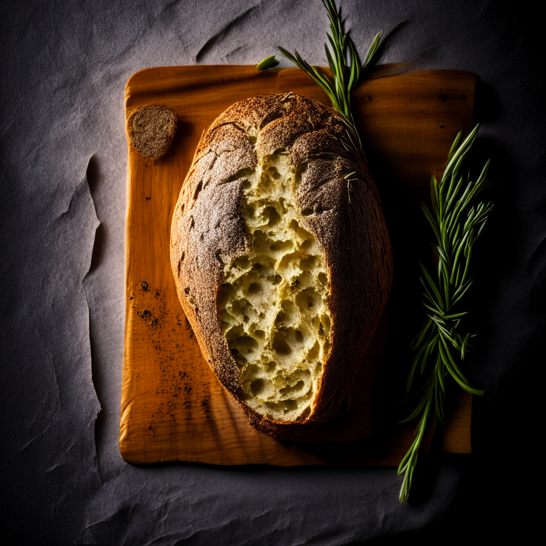 Gluten-free rosemary olive bread, top-down view, filling frame, razor-sharp focus, bright studio lighting, well-lit, focused on food