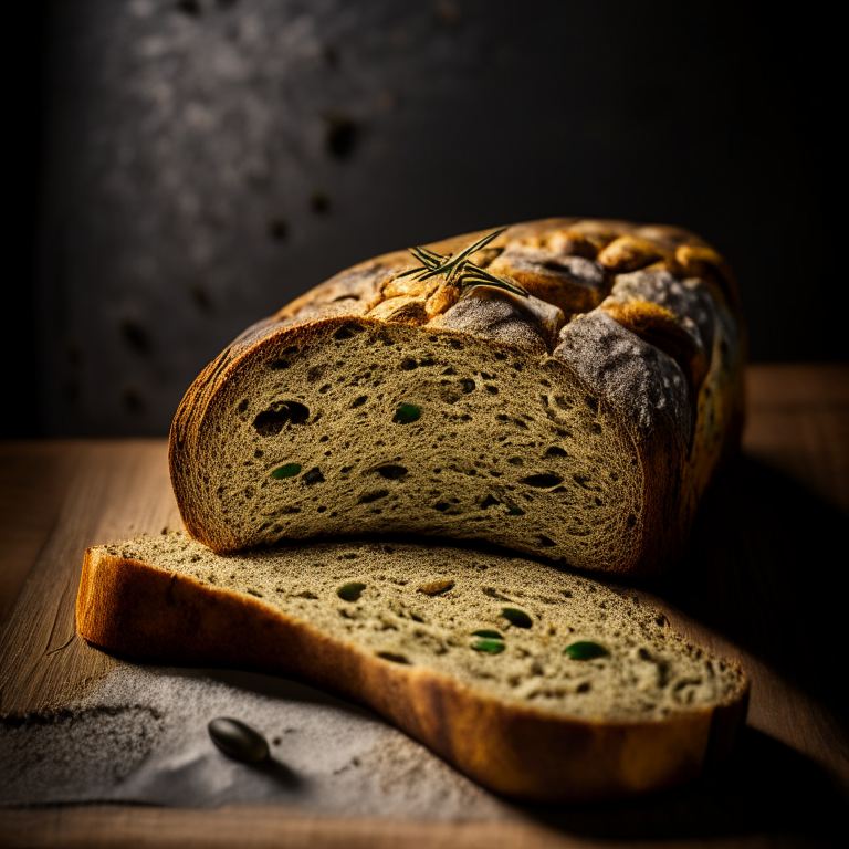 Gluten-free rosemary olive bread, alternate angle, filling frame, razor-sharp focus, bright studio lighting, well-lit, focused on food