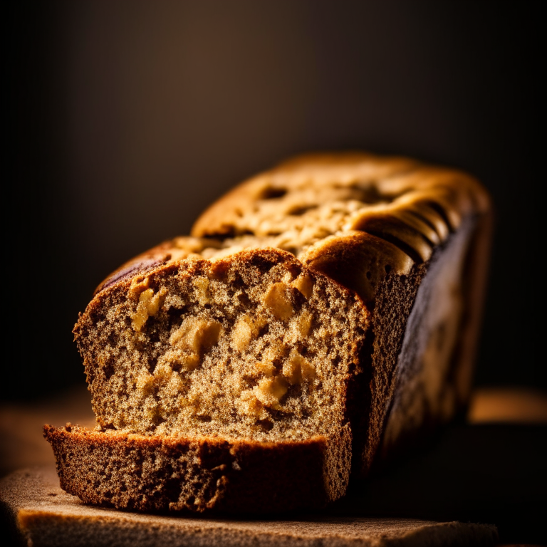 Gluten-free banana bread, alternate angle, filling frame, razor-sharp focus, bright studio lighting, well-lit, focused on food