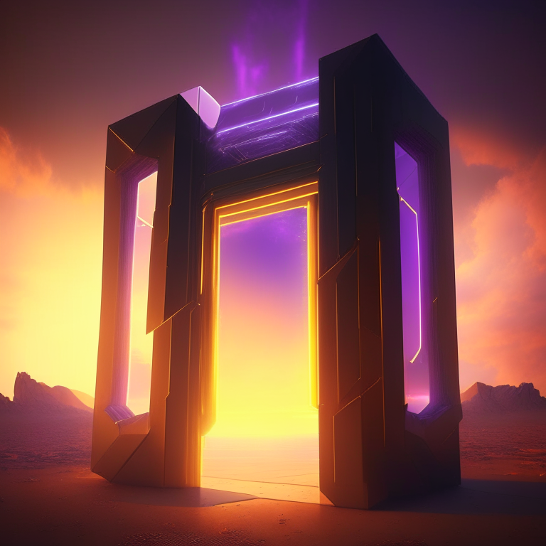 rectangular nether portal, sleek, futuristic,cyber market, 8k, sunny windy,
