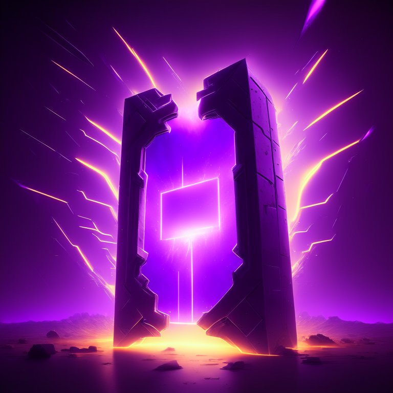 rectangular nether portal, sleek, futuristic,cyber market, 8k, sunny windy, purple glow
