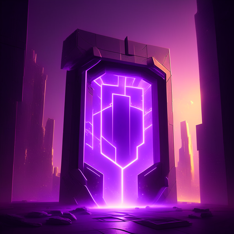 rectangular nether portal, sleek, downtown futuristic, cyber market, 8k, sunny windy, purple glow
