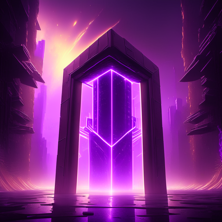 rectangular nether portal, sleek, downtown futuristic, cyber market, 8k, sunny windy, purple glow
