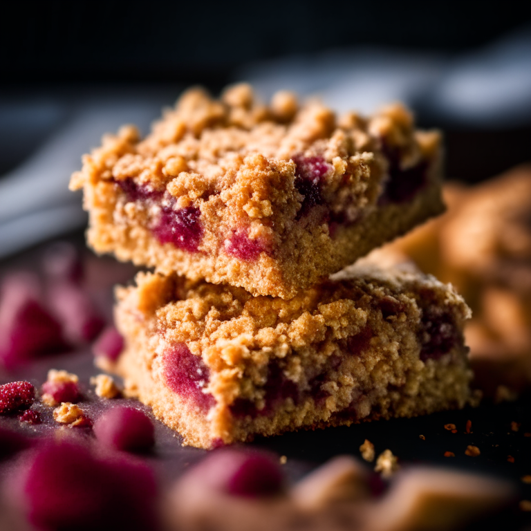 Gluten-free raspberry crumble bars, filling frame, razor-sharp focus, bright studio lighting, well-lit, focused on food