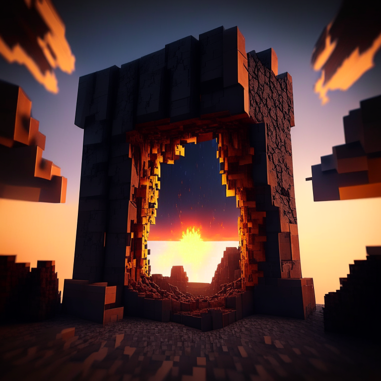 minecraft sky, black rock nether portal, lumber jack, 8k