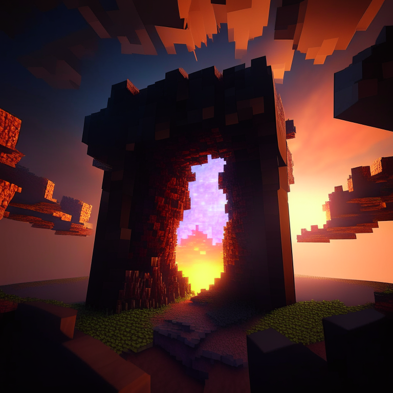 minecraft sky, black rock nether portal, lumber jack, 8k