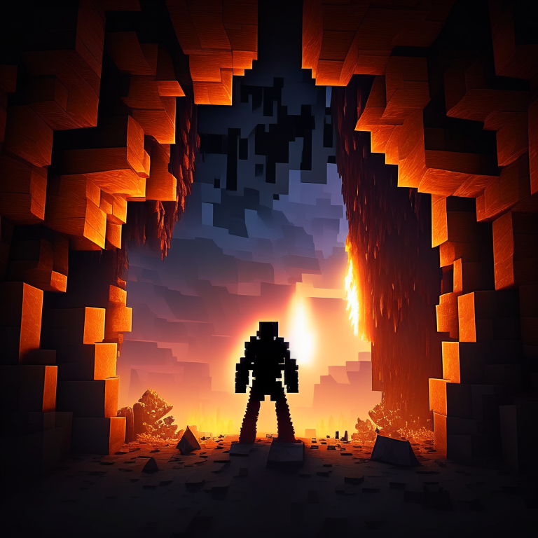 minecraft sky, black rock nether portal, lumber jack person, 8k