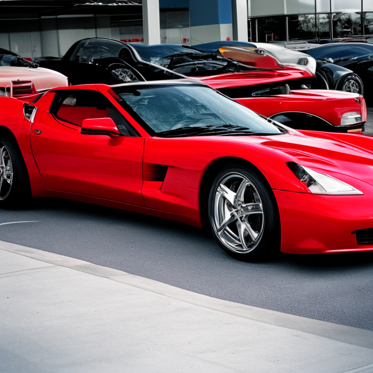 A 2010 red corvette parked in a store parking lot