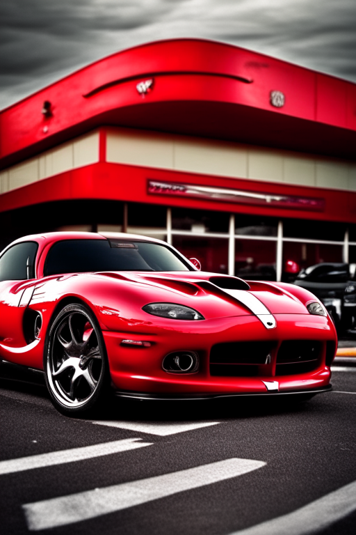 a full image of a 2010 red dodge viper parked in a fast food parking lot