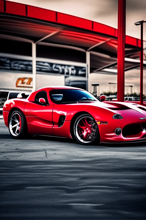 a full image of the full body of a 2010 red dodge viper parked in a fast food parking lot