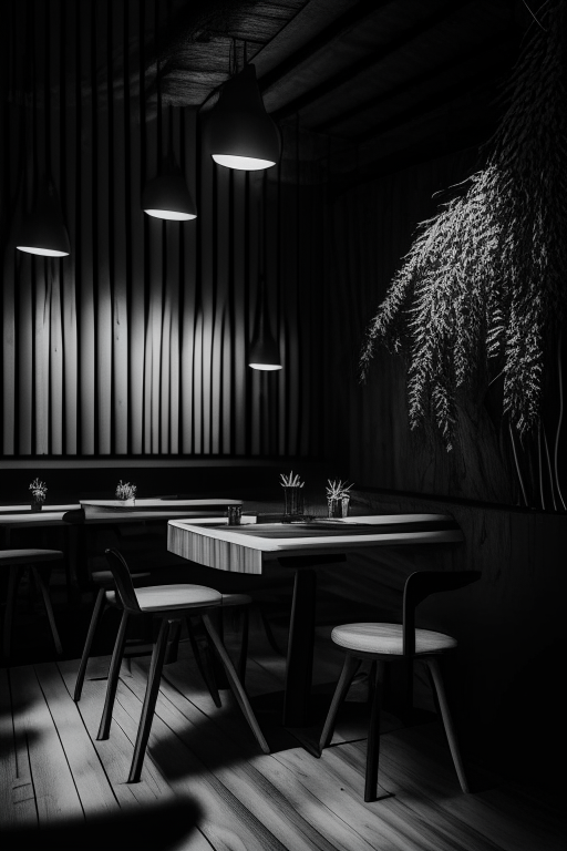 A modern minimalist restaurant interior in black and white A rustic wooden restaurant interior with dim lighting A futuristic restaurant interior with metallic surfaces and neon lights A cozy restaurant interior with warm lighting and plants